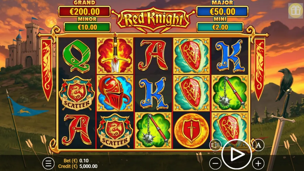 Tampilan visual slot Red Knight dengan tema ksatria abad pertengahan yang penuh api dan suasana perang.