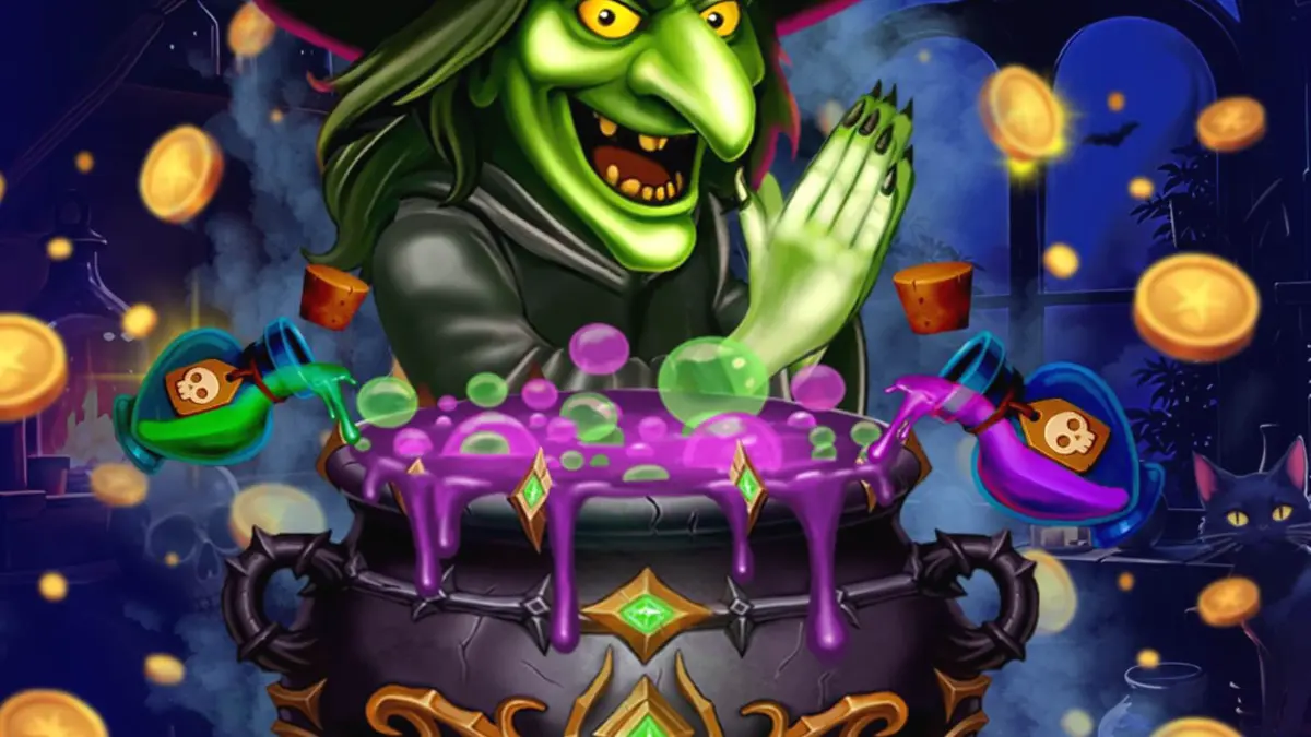 Tampilan visual slot Witches’ Fortune: Hold & Win dengan tema penyihir dan kuali ajaib