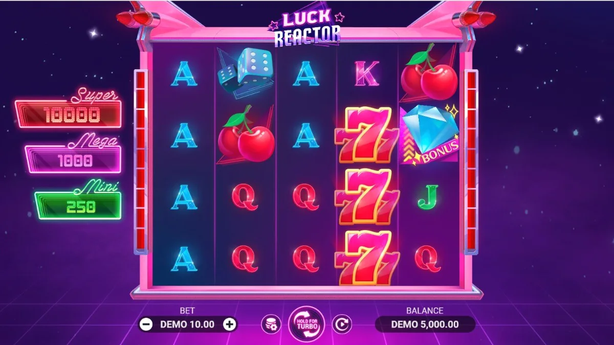 Tampilan visual futuristik dari slot Luck Reactor dengan simbol neon