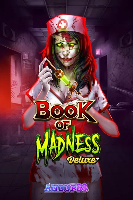 Tampilan visual slot Book of Madness Deluxe dengan tema horor rumah sakit jiwa